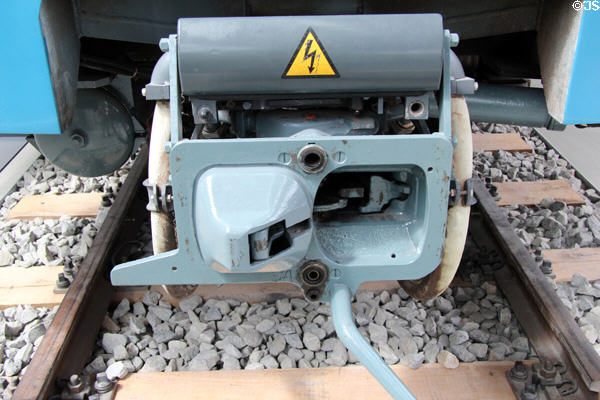Detail of coupler on Munich Underground (U-Bahn) railcar (1967) at Deutsches Museum Transport Museum. Munich, Germany.