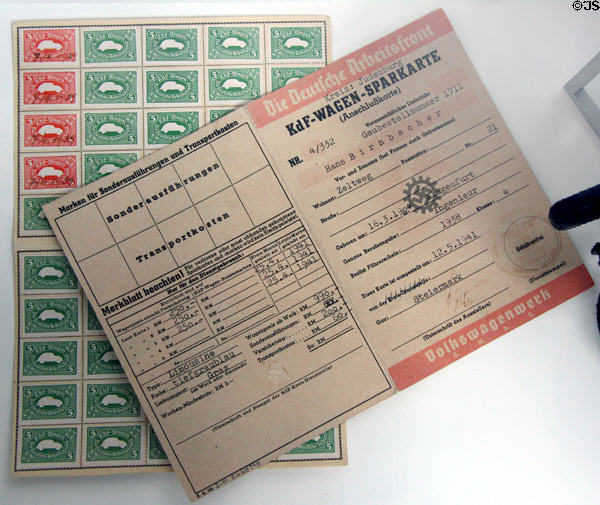 Savings book for KdF (Kraft durch Freude = Strength through Joy) Volkswagen Car (c1940) Nazi sponsored self-promotion at Deutsches Museum Transport Museum. Munich, Germany.