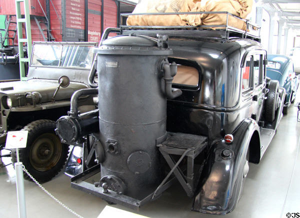 Adler Diplomat 3GS limousine with wood gas generator (1938) due to wartime fuel shortage at Deutsches Museum Transport Museum. Munich, Germany.