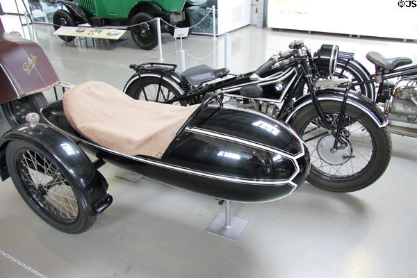 BMW R62 motorcycle with sidecar (1928) by Bayerische Motoren Werke AG of Munich at Deutsches Museum Transport Museum. Munich, Germany.