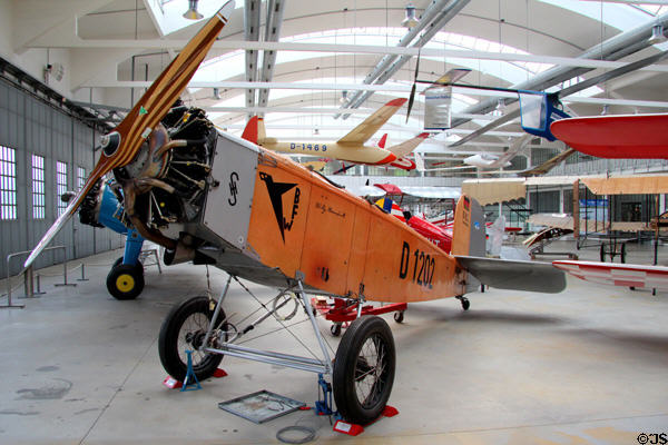 Udet U12 Flamingo training plane (replica of 1925 original) by Udet Flugzeugbau of Munich-Ramersdorf at Deutsches Museum Flugwerft Schleissheim. Munich, Germany.