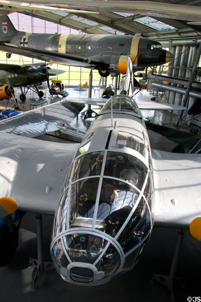 View from above of Heinkel He111 H-16 WWII German bomber at Deutsches Museum Flugwerft Schleissheim. Munich, Germany.