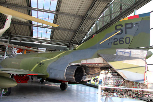 Tail view of McDonnel Douglas F-4E Phantom II jet fighter (1968) at Deutsches Museum Flugwerft Schleissheim. Munich, Germany.