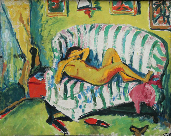 Reclining girl painting (1909) by Erich Heckel at Pinakothek der Moderne. Munich, Germany.