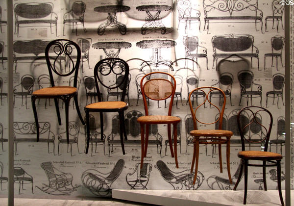 Bent cane cafe chairs with woven seats (1800s-1900s) at Pinakothek der Moderne. Munich, Germany.