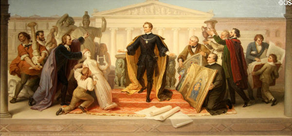 King Ludwig I shown works of paintings & sculpture to consider for his Museum painting by Wilhelm von Kaulbach at Neue Pinakothek. Munich, Germany.