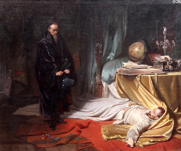 Seni over Body of Wallenstein painting (1855) by Carl Theodor von Piloty illustrates play by Friedrich Schiller at Neue Pinakothek. Munich, Germany.