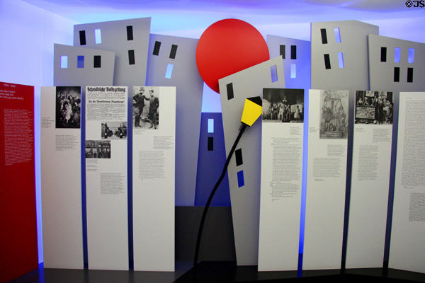 Sign boards in modern setting related to Brecht's poem Legend of the Dead Soldier (1922) at Brechthaus Museum. Augsburg, Germany.