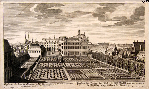 Engraving of Carmelite Monastery & Gardens (c1700) by Jeremias Wolff at Fugger und Welser Erlebnismuseum. Augsburg, Germany.