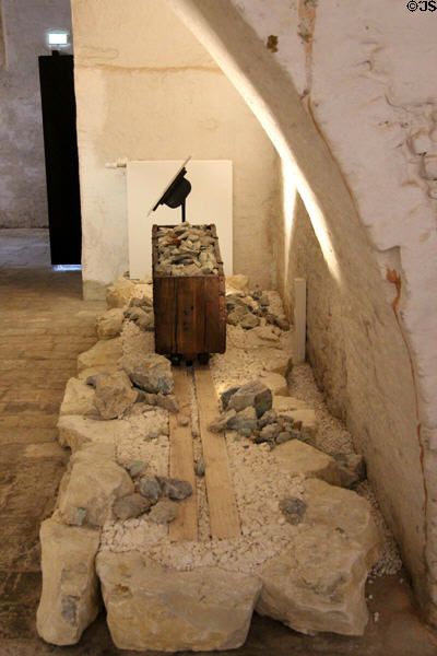 Model of early mining operation with cart & primitive track at Fugger und Welser Erlebnismuseum. Augsburg, Germany.