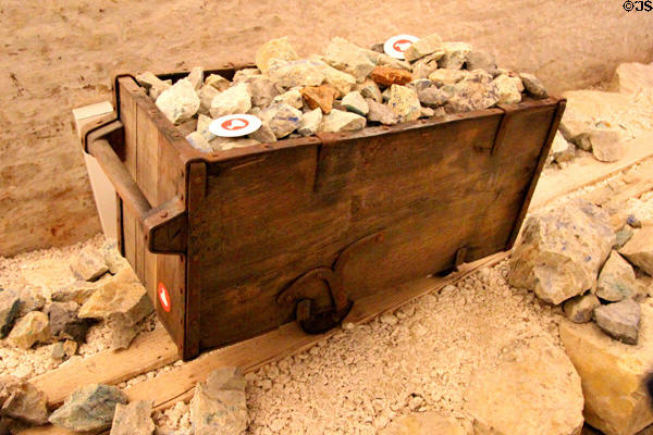 Model of early mining operation with cart & primitive track at Fugger und Welser Erlebnismuseum. Augsburg, Germany.