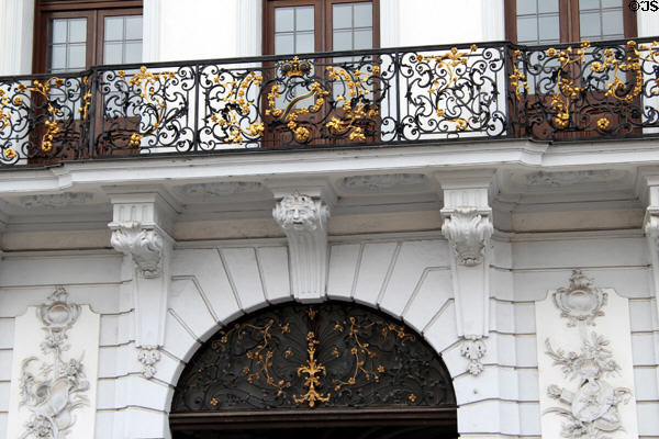Fine ironwork on balcony above entrance to Municipal Art Gallery at Schaezler Palace. Augsburg, Germany.