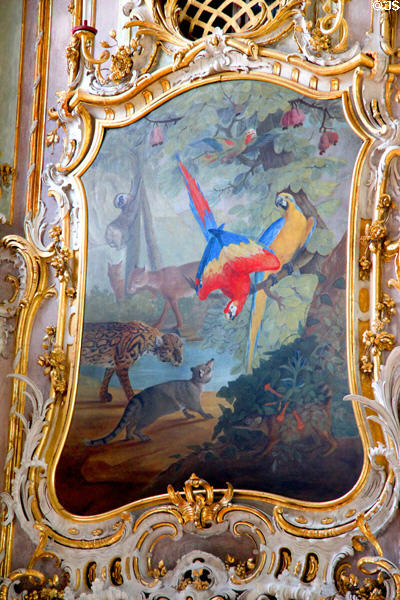Painting of exotic birds & animals set in Rococo framing in ballroom in Municipal Art Gallery at Schaezler Palace. Augsburg, Germany.
