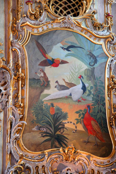 Painting of exotic birds & animals set in Rococo framing in ballroom in Municipal Art Gallery at Schaezler Palace. Augsburg, Germany.