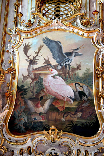 Painting of exotic birds & deer set in Rococo framing in ballroom in Municipal Art Gallery at Schaezler Palace. Augsburg, Germany.