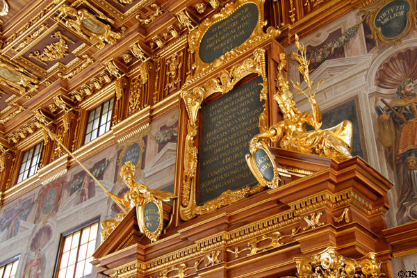 Details of pediment above doorway in Goldener Saal at Augsburg Rathaus. Augsburg, Germany.