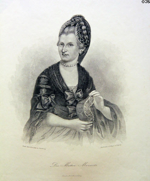 Anna Maria Mozart, wife of Leopold Mozart, steel engraving by A. Weger at Mozarthaus Museum. Augsburg, Germany.