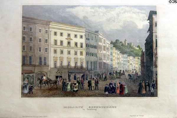 Steel engraving of Getreidegasse 9 Salzburg, birth house of Wolfgang Amadeus Mozart, artist unknown at Mozarthaus Museum. Augsburg, Germany.
