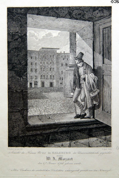 Steel engraving of Getreidegasse 9 Salzburg (1843), birth house of Wolfgang Amadeus Mozart, by Jakob Hyrtl at Mozarthaus Museum. Augsburg, Germany.
