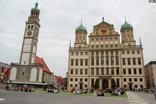 Perlach bell tower (c1610) in front of St Peter am Perlach church & Augsburg city hall (1615-1620 rebuilt after WWII) on Rathausplatz. Augsburg, Germany. Architect: Both by Elias Holl.