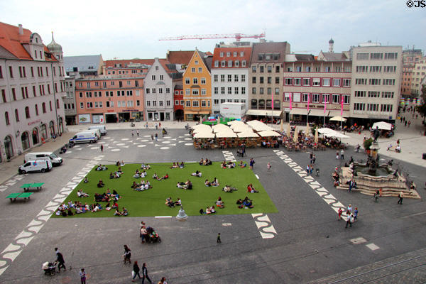 Rathaus platz lined by Germanic style buildings. Augsburg, Germany.