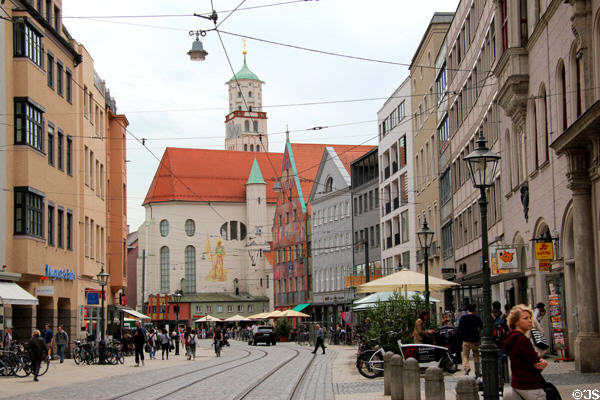 Streetscape of Maximilianstraße with St Moritz church at Moritzplatz. Augsburg, Germany.
