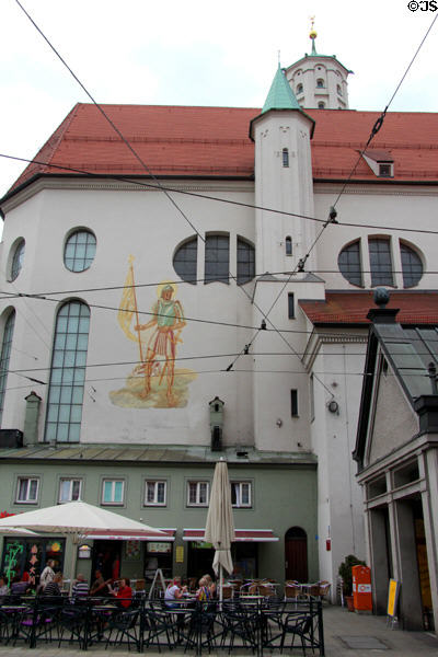 St Moritz church (1314 rebuilt after WWII) with Mauritius fresco at Moritzplatz. Augsburg, Germany.