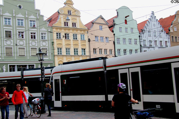 Street car running through Ulrichsplatz. Augsburg, Germany.