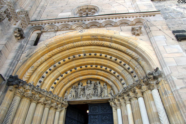 Romanesque entrance with carving of Madonna & Child with Three Kings at Bamberg Cathedral. Bamberg, Germany.