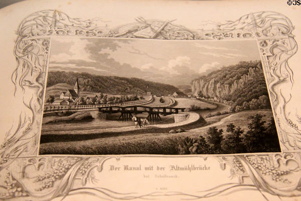Der Kanal mit der Altmühlbrücke bei Schelleneck engraving (1847) by Alexander Marx at Bamberg City Museum. Bamberg, Germany.