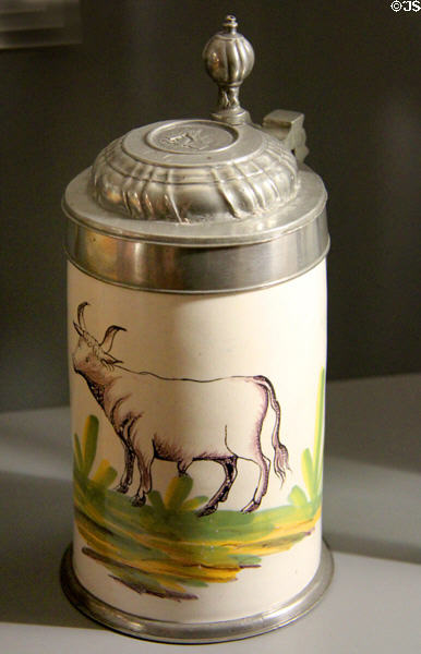 Ceramic stein (c1700) showing symbols of butcher's guild at Bamberg City Museum. Bamberg, Germany.