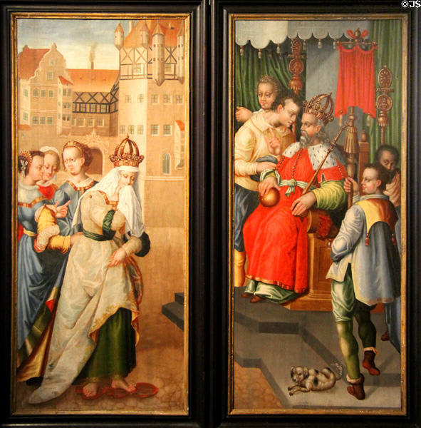 St Kunigunde steps on glowing plowshares to prove innocence + Kaiser Heinrich II paintings (2nd half 16thC) from Franconia at Bamberg City Museum. Bamberg, Germany.