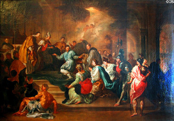 Lombard King Ratchis, together with his wife Thesia & daughter Ratrudis, receive the Benedictine vestment from Pope Zacharias painting (c1743) by Johann Martin Speer at Bamberg City Museum. Bamberg, Germany.
