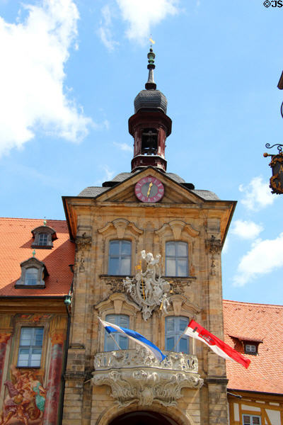 Bamberg Old Town Hall clock tower with Rococo balcony & coat of arms relief by Jos. Bonaventura Mutschele. Bamberg, Germany.