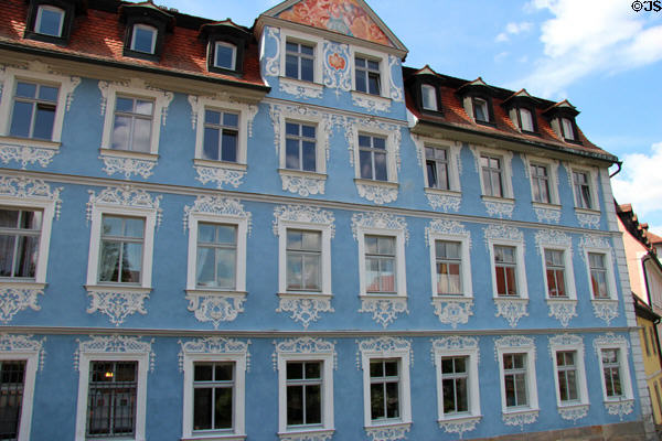 Local researcher & art writer Joseph Heller birth (1798) & death (1849) house on banks of Regnitz River across from Old Town Hall. Bamberg, Germany.