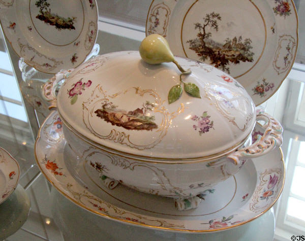 Fürstenberg porcelain tureen with landscape scenes (c1760-70) prob. by Johann Christof Rombrich at Bamberg Old Town Hall Museum of Faience & Porcelain. Bamberg, Germany.