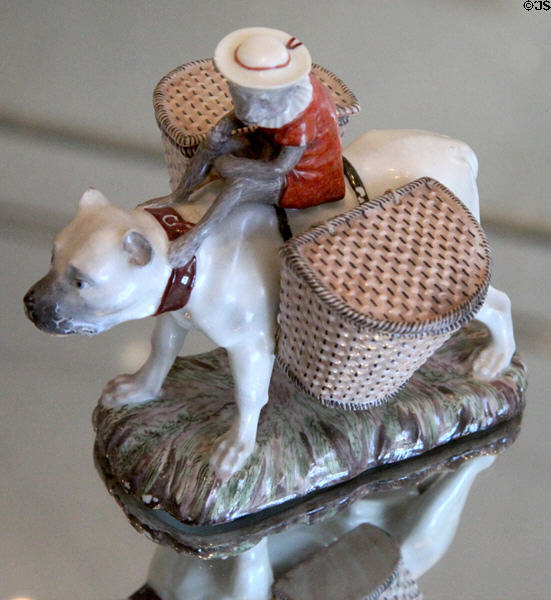 Zúrich porcelain figure ape riding mastiff (c1775-80) at Bamberg Old Town Hall Museum of Faience & Porcelain. Bamberg, Germany.