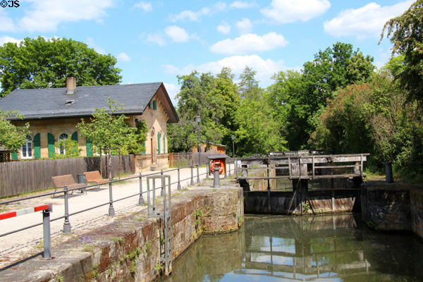 Lock on canal traversing Bamberg. Bamberg, Germany.
