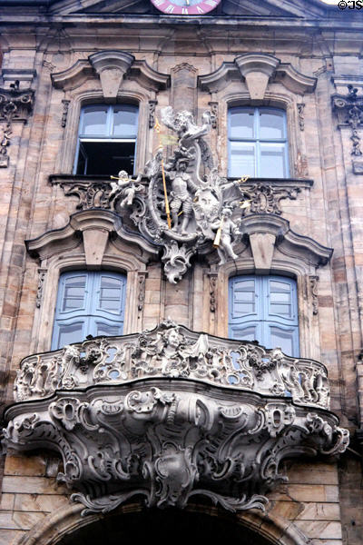 Baroque sculptures & balcony on Old Town Hall. Bamberg, Germany.