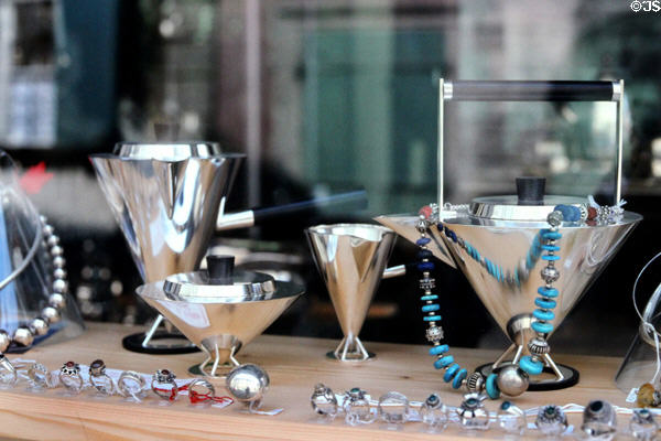 Shop with conical silver tea & coffee service. Bamberg, Germany.