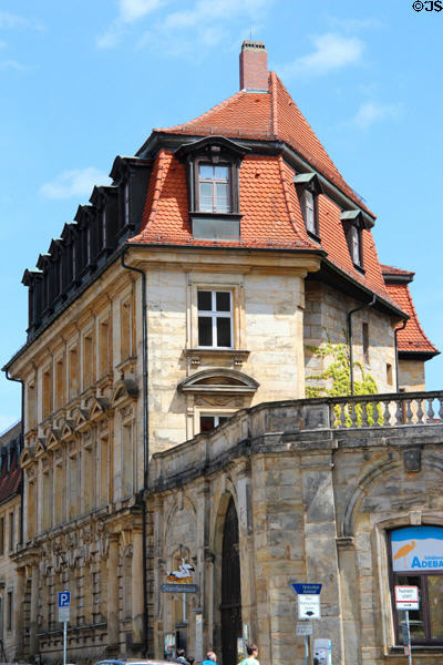 Corner building with Neoclassical facade on Ludwigstraße. Bayreuth, Germany.