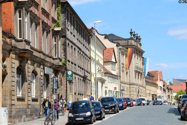 Streetscape along Ludwigstraße opposite New Palace. Bayreuth, Germany.