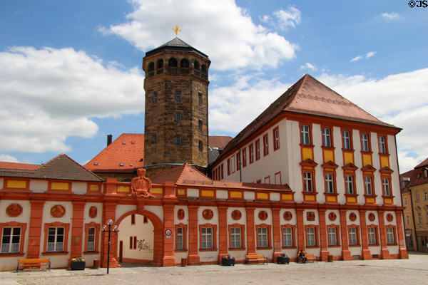 Old Castle (Altes Schloss) (1455 & 1761) with tower of Castle church beyond. Bayreuth, Germany. Architect: Carl von Gontard.