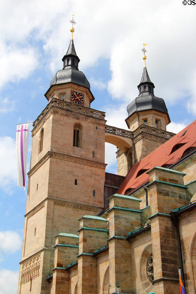 Bridged towers of City Church of the Holy Trinity Bayreuth. Bayreuth, Germany.