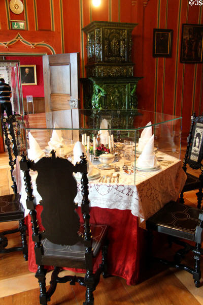 Dining table in guests living room (1910-9 faithful to 1500 original) at Coburg Castle. Coburg, Germany. Architect: Bodo Ebhardt.