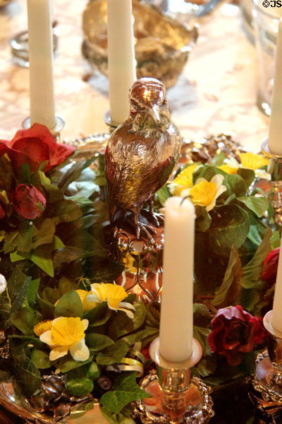 Silver centerpiece on dining table in guests living room at Coburg Castle. Coburg, Germany.