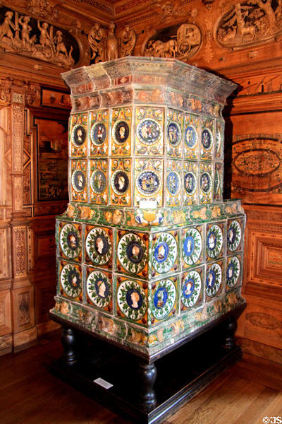 Tiled stove (c1540) by SRB of Nuremburg in Intarsia Room at Coburg Castle. Coburg, Germany.