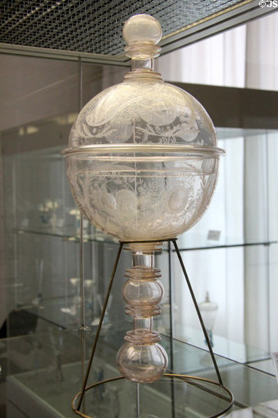 Double tumbler engraved with symbols of attack & defense (mid 17thC) by Georg Schwanhardt der Älter of Nuremberg at Coburg Castle. Coburg, Germany.