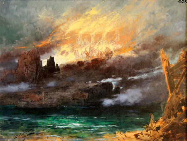 Ring cycle scene of Gotterdammerung Valhalla sketch painting (1896) by Max Brückner at Coburg Castle. Coburg, Germany.