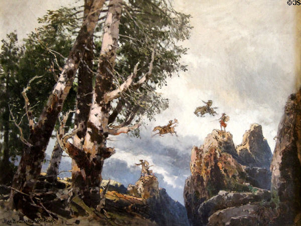Ring cycle scene of Die Walkure rock of Valkyries sketch painting (1896) by Max Brückner at Coburg Castle. Coburg, Germany.
